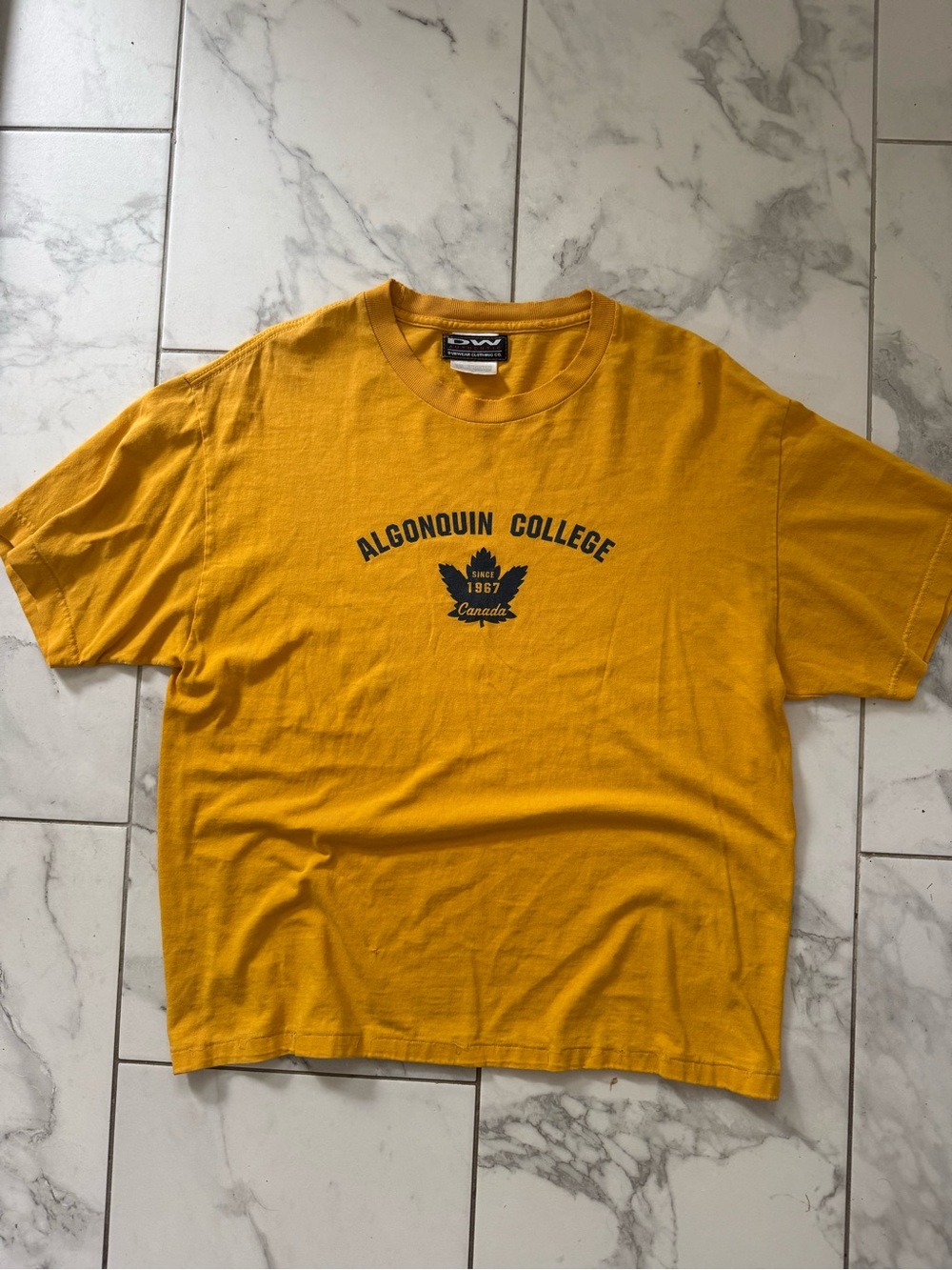 Vintage Algonquin College Yellow Collegiate Graphic Boxy Tee Large Distressed